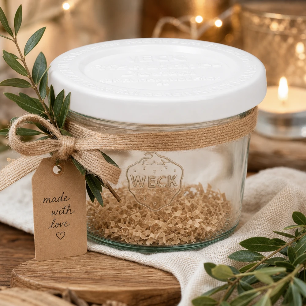WECK RR60-pot van 80 ml met vershouddeksel WECK 80ml bekers RR60 decoratief gerangschikt met jute koord cadeau tag en olijftakken op rustiek hout