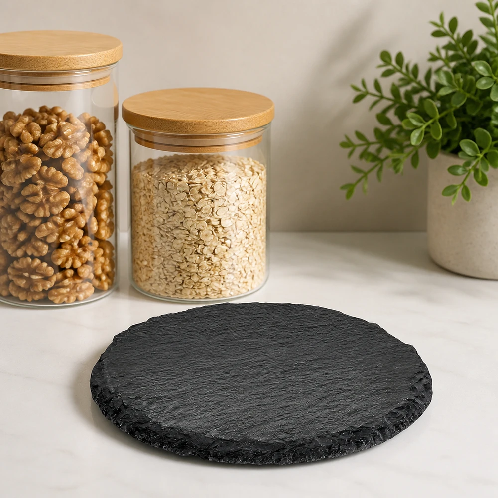 Leistenen dienblad rond Ø 150mm Rond leistenen bord met een diameter van 15 cm op een wit aanrecht naast voorraadpotten met noten en havermout