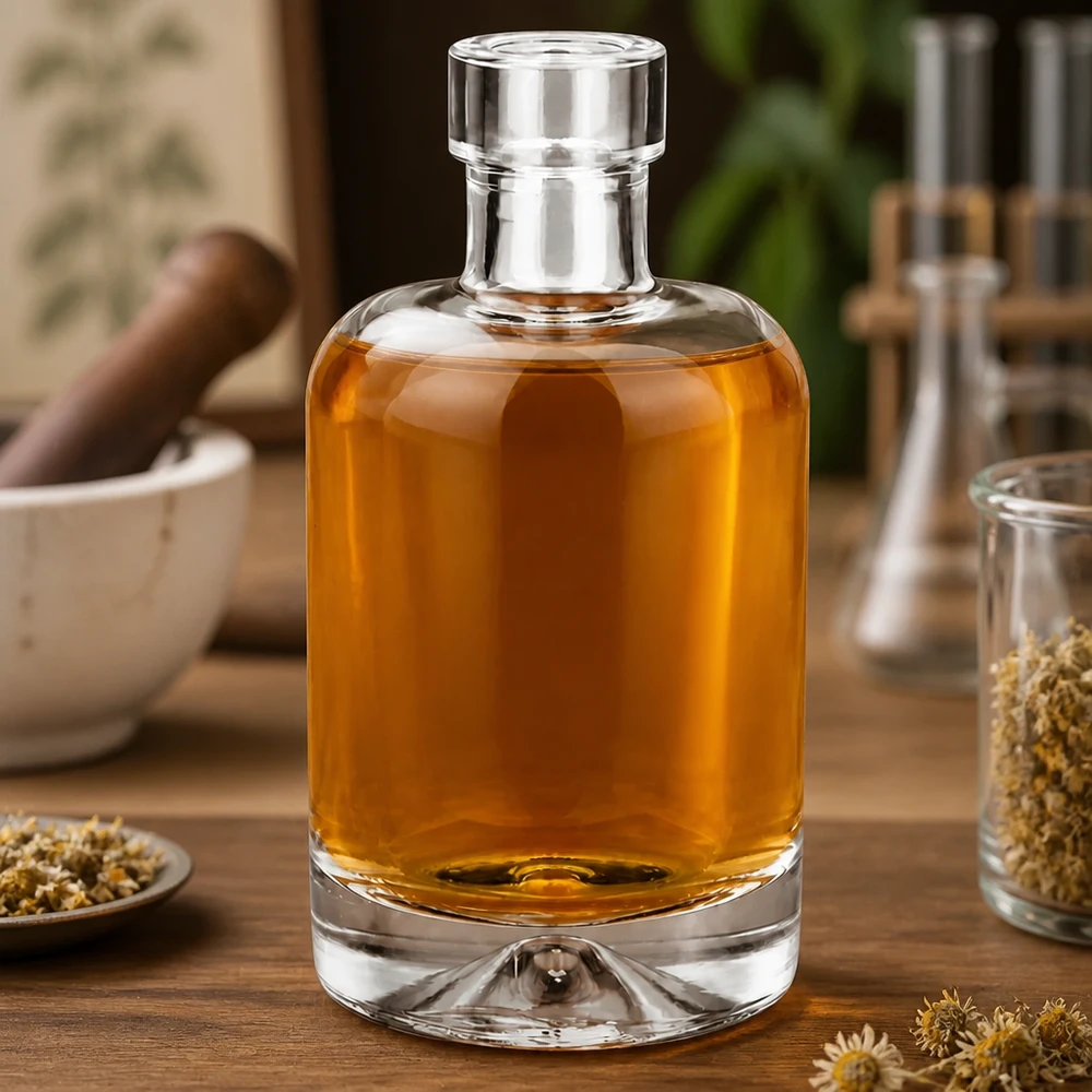 50 ml glazen fles 50ml Glasflasche "Amelie" ohne Verschluss UNiTWIST zonder sluiting UNiTWIST® Glazen Amelie-fles van 50 ml gevuld met amberkleurig kruidenelixer op een houten tafel versierd met kamille en kruiden