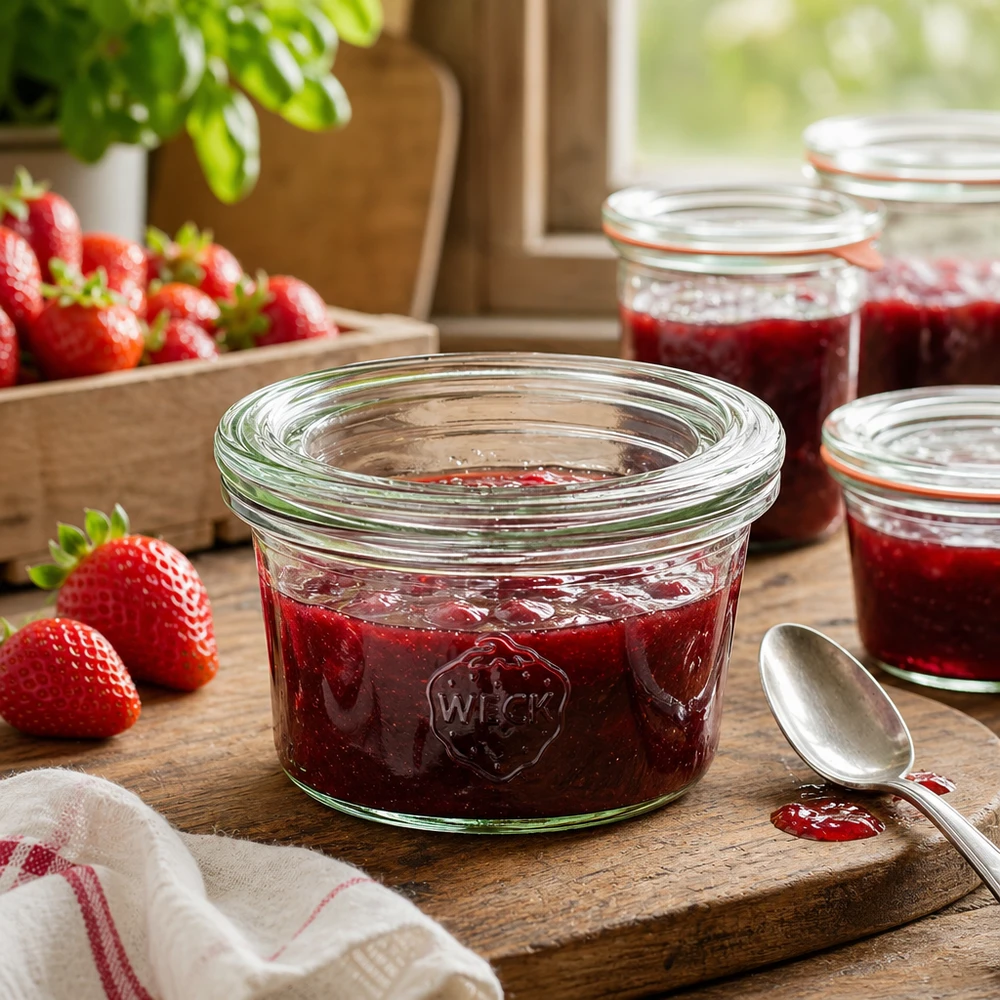 50ml stortglas met glazen deksel WECK RR60 WECK bekers 50ml gevuld met aardbeienjam op een houten plank naast verse aardbeien in een rustieke keuken