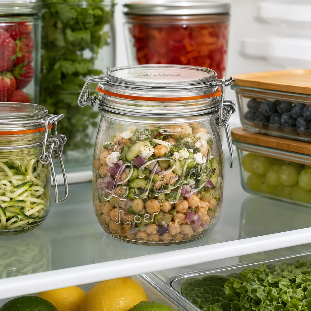 750ml Le Parfait voorraadpot Super met draaidop gevuld met kikkererwtensalade in de koelkast