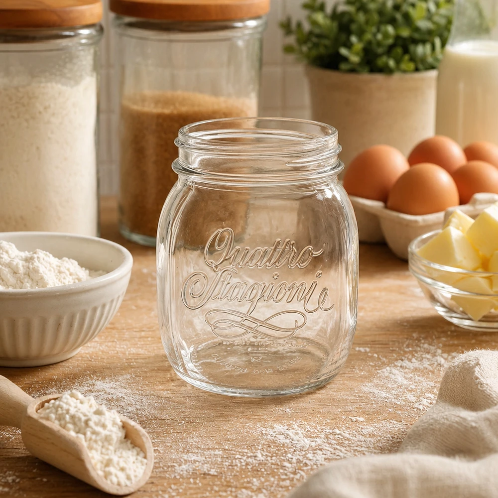 700ml Quattro Stagioni huishoudglas leeg op houten tafel omringd door bakingrediënten bloem eieren en boter in keuken