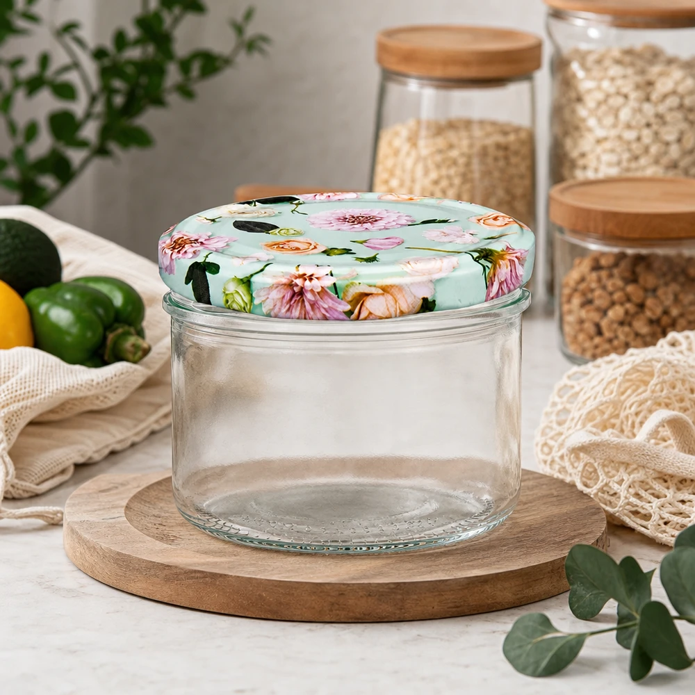 Voorraadpot 230ml met bloemendeksel mint in keuken - voorraadpot op houten plank naast graanpotten