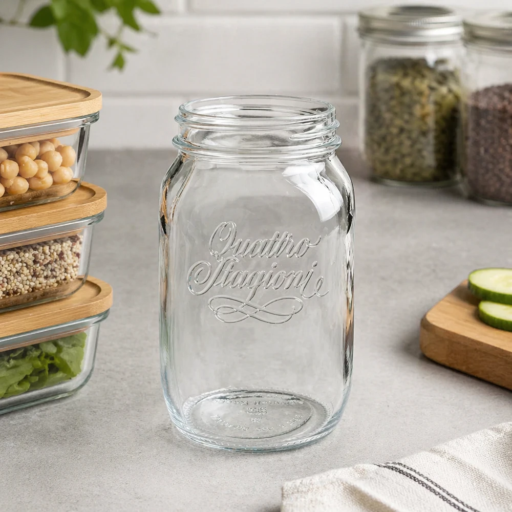1000ml Quattro Stagioni huishoudpot leeg op aanrecht met voorraadpotten en houten plank op de achtergrond