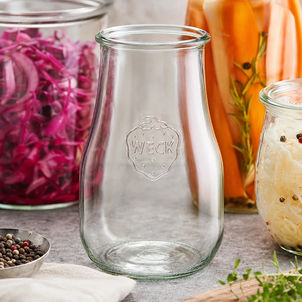 WECK tulpenpot 2700ml RR100 leeg met reliëflogo tussen kleurrijke inmaakpotten met gefermenteerde groenten en kruiden