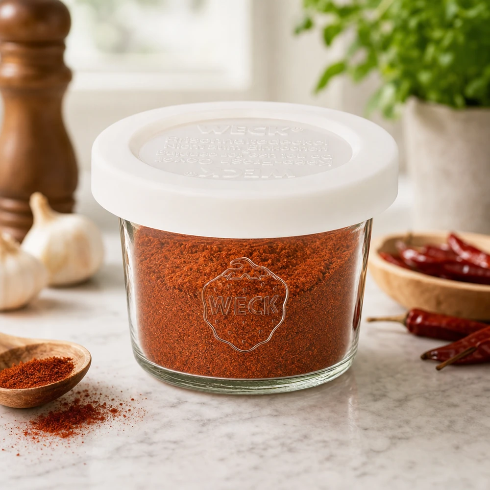 WECK glazen pot 35ml RR40 gevuld met paprikapoeder in keukensfeer met specerijen en knoflook, kruidenopslag