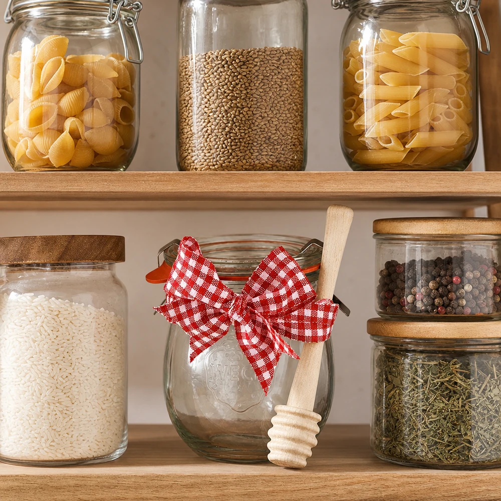 WECK tulpenpot 220ml compleet met honinglepel en strik Voorraadkast met WECK potten voor pasta en kruiden, mini tulpenpot 220ml met honinglepel als keukendecoratie