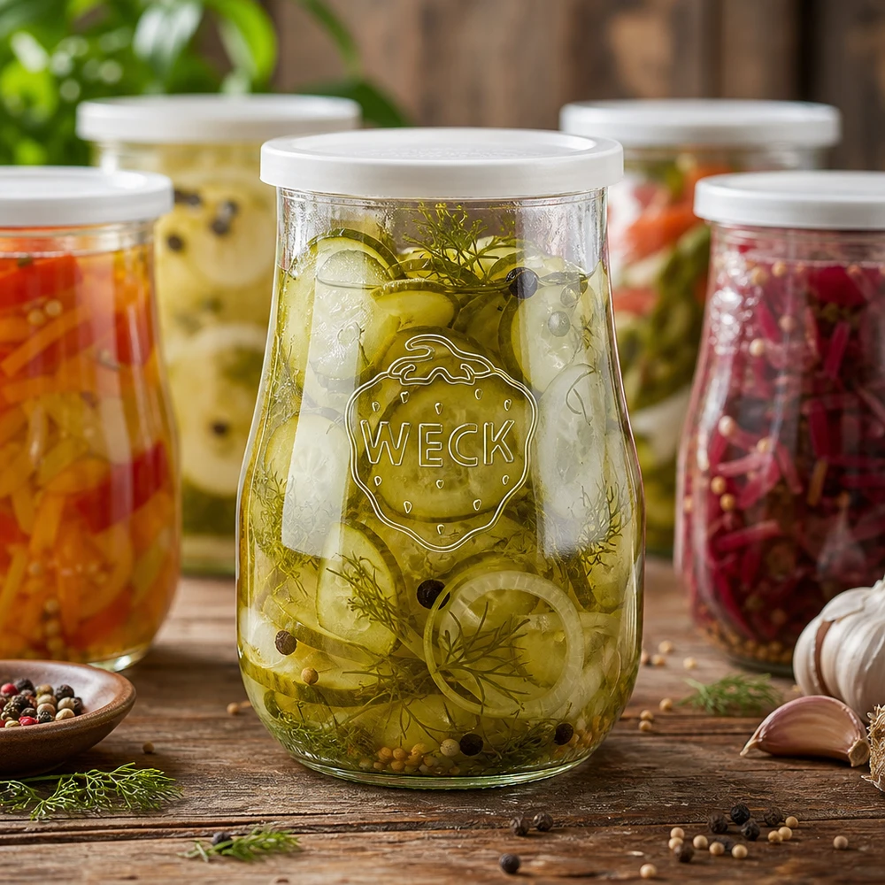 WECK tulpenpot 1750ml met vers deksel gevuld met ingemaakte komkommers en kruiden tussen kleurrijke inmaakpotten