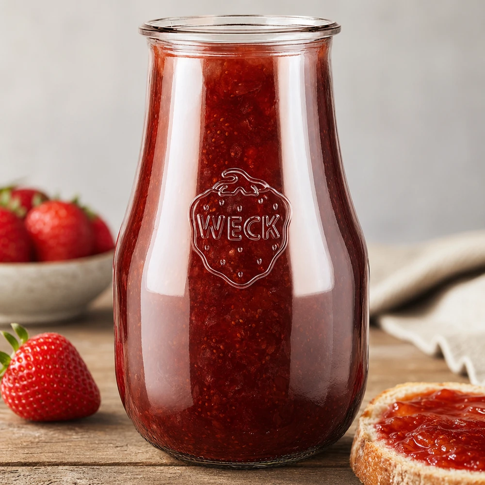 WECK tulpenpot 2700ml RR100 gevuld met aardbeienjam op een houten voet naast verse aardbeien en een sneetje brood