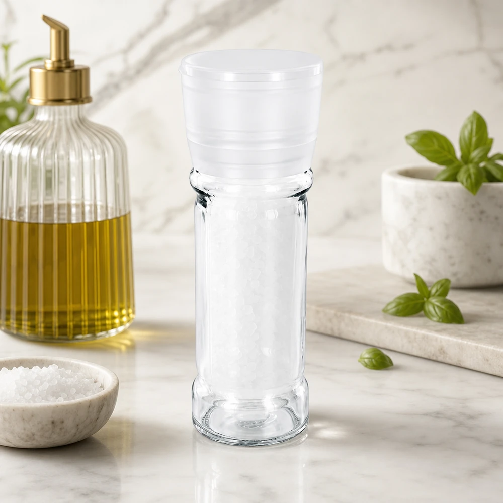 Zout-/kruidenpotje 100 ml met molen Vario wit Lege zoutmolen Vario 100 ml met draaibaar wit maalwerk van robuust borosilicaatglas