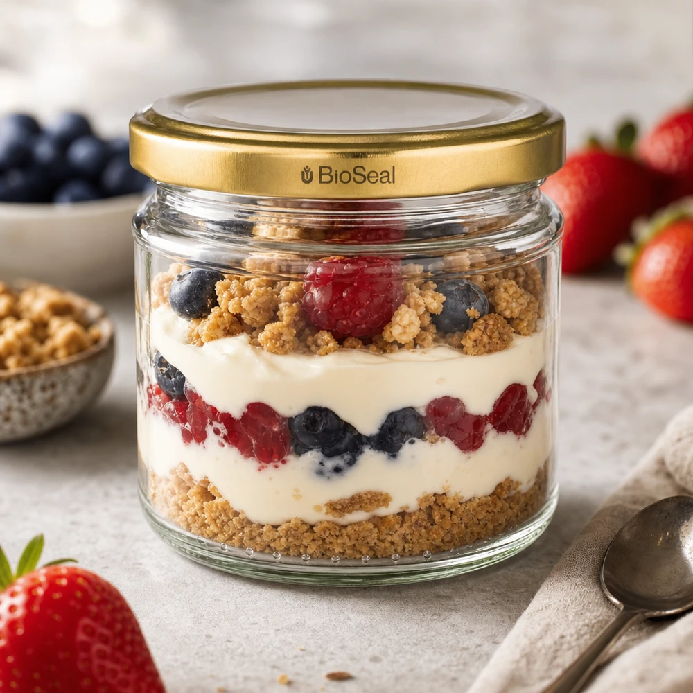 212ml rond glas met BioSeal deksel goud UNiTWIST UNiTWIST ronde pot 212ml met gouden TO66 BioSeal deksel als dessertpot met bessenyoghurt gelaagd dessert
