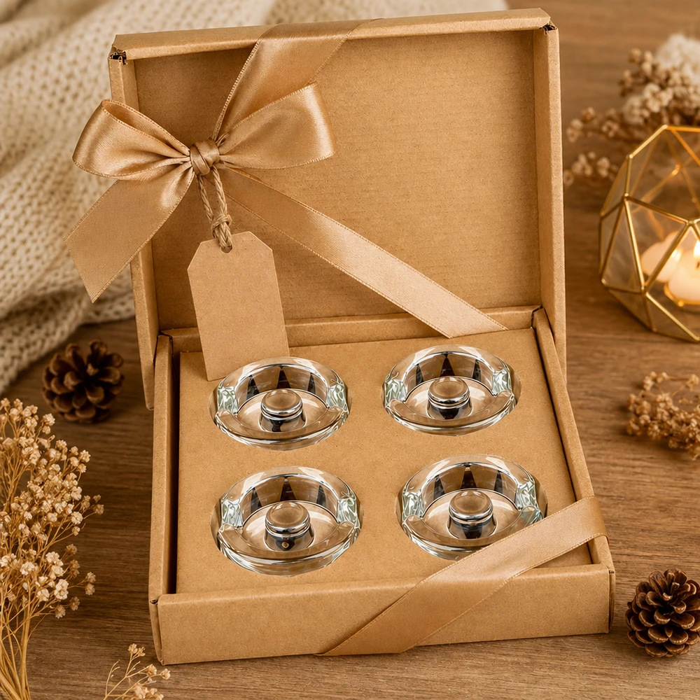 Fermentatieglasgewichten met verzonken greep, set van 4 UNiTWIST fermentatiegewichtjes set van 4 in geopende geschenkverpakking met gouden lint en herfstdecoratie
