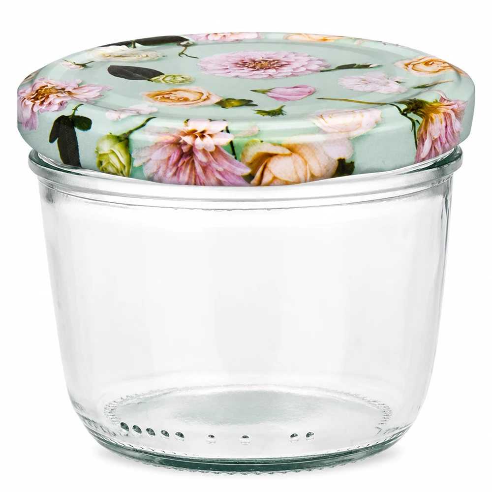 Glazen van 230 ml + BasicSeal-deksel met muntbloem UNiTWIST 230 ml inmaakpot met BasicSeal deksel in muntbloemmotief, lege inmaakpot voor jam en conserven