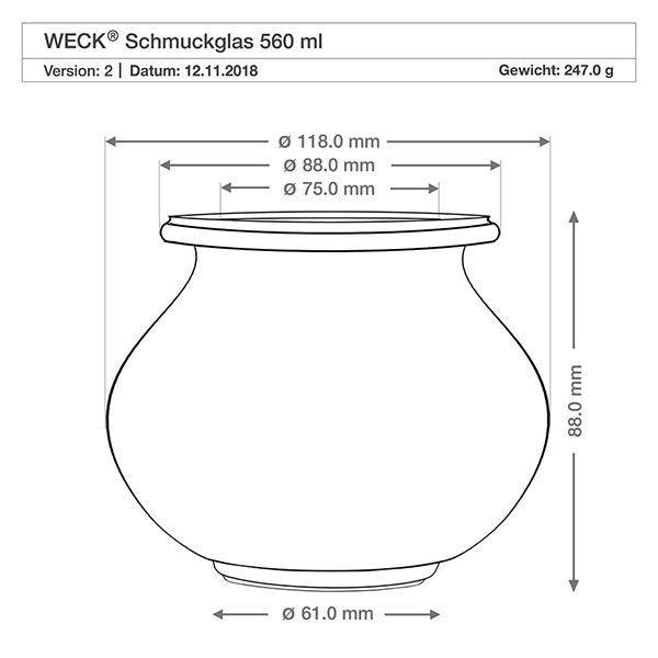 560 ml sierglas, compleet WECK RR80 WECK juwelenpot 560ml RR80 technische tekening afmetingen diameter hoogte 118mm 88mm productspecificatie gewicht 247g