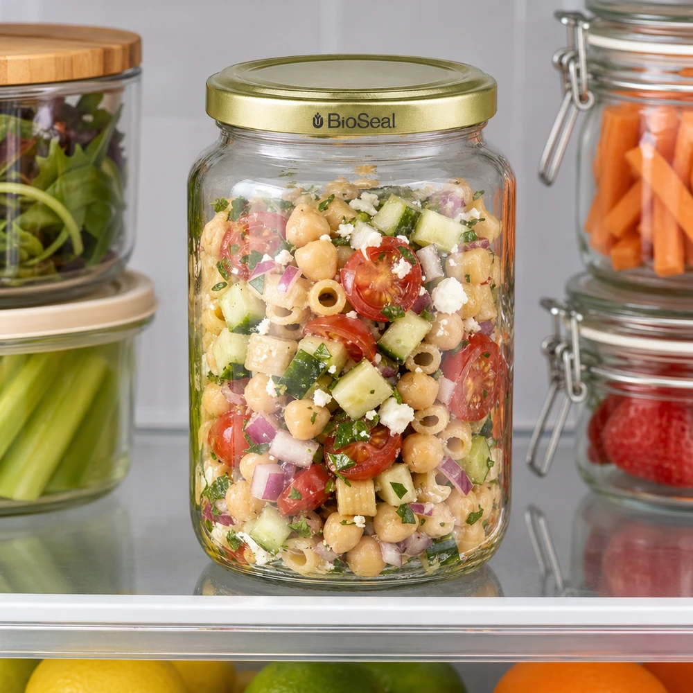 Honingpot 1000 g met gouden BioSeal UNiTWIST-deksel 1000g BioSeal honingpot met kleurrijke kikkererwtensalade en groenten toont ideale maaltijdvoorbereiding in de koelkast