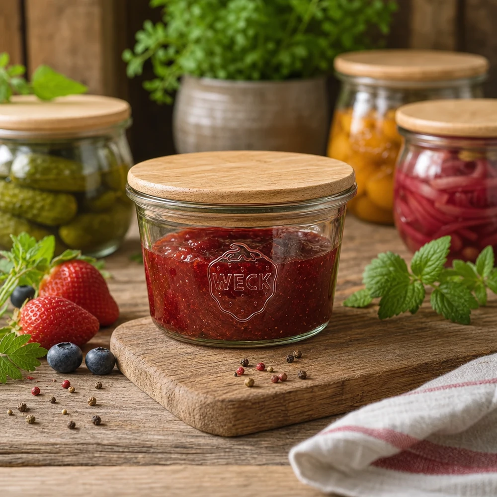 WECK mini inmaakpotje 35ml met houten deksel gevuld met jam op een rustiek houten plankje naast verse bessen