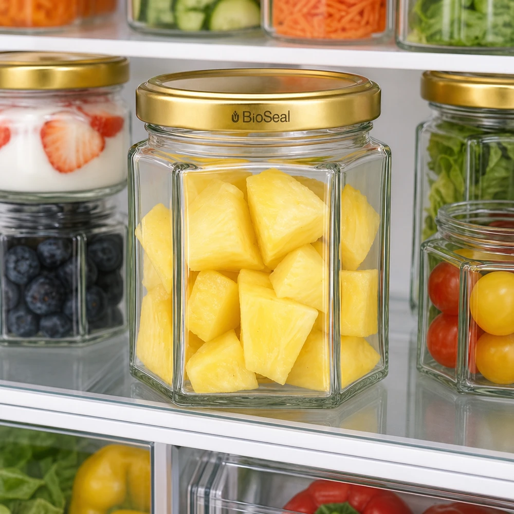 47ml hexaglas met BioSeal deksel goud UNiTWIST UNiTWIST Hexa47 Glasgefäß mit Ananas-Stücken im Kühlschrank - perfekt für frische Lebensmittel-Aufbewahrung