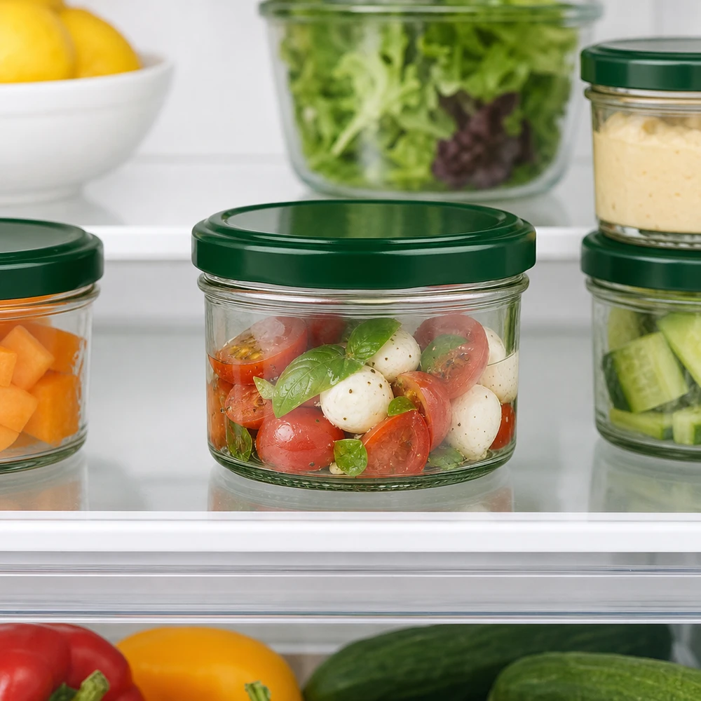 230ml Zylinderglas mit grünem Deckel im Kühlschrank - optimale Frischhaltung für Salate und Meal Prep