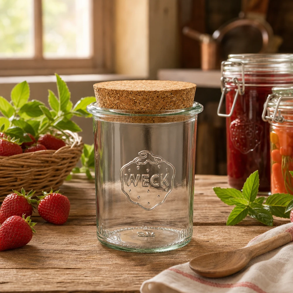 160ml stortglas WECK RR60 met kurk WECK RR60 inmaakpot 160ml met kurken deksel in een rustieke keuken naast aardbeien en jampotten