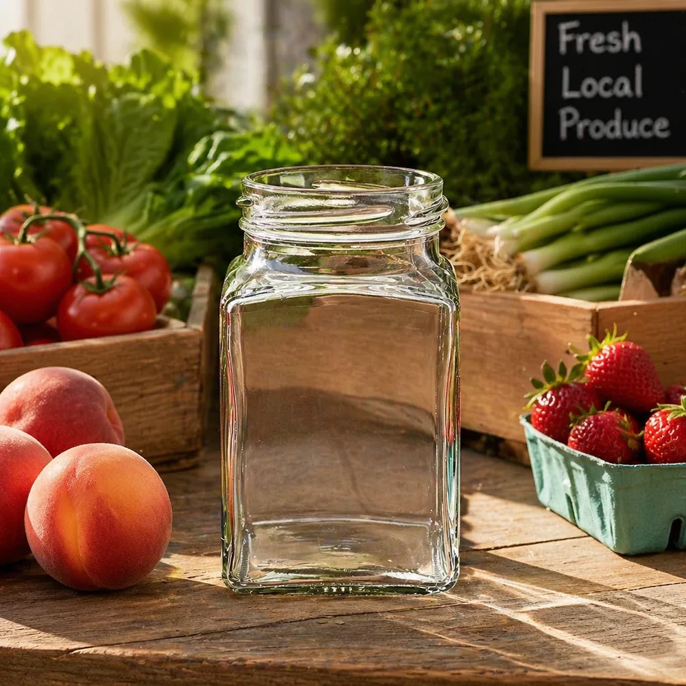 260ml tetraglas zonder deksel (TO58) UNiTWIST UNiTWIST Tetra260 4-hoekige pot 260ml TO58 inmaakpot tussen vers fruit en groenten op houten tafel