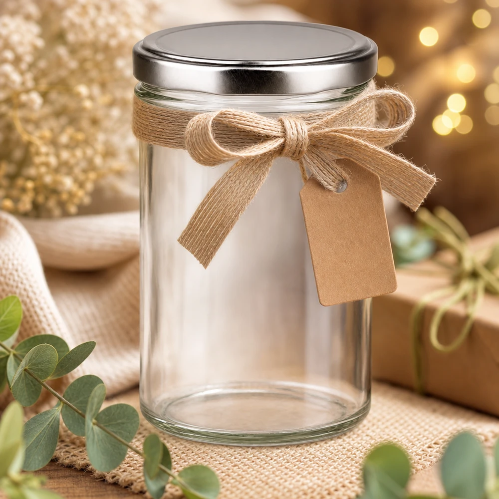 435ml bekers met BasicSeal deksel zilver UNiTWIST 435ml bekers met zilveren deksel als geschenkverpakking met jute strik en hanger - decoratieve presentatie