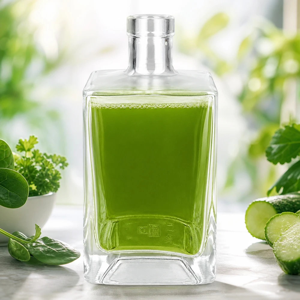 700 ml glazen fles Ben zonder sluiting UNiTWIST® Glazen fles Ben 700ml gevuld met groen sap omringd door verse kruiden komkommer en spinazie als detox smoothie