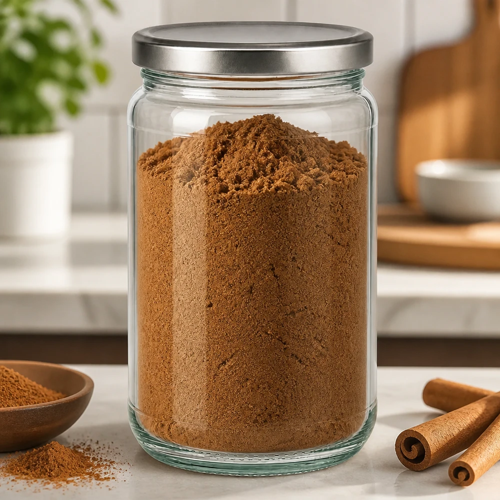 305ml rond glas met BasicSeal deksel zilver UNiTWIST 305 ml ronde pot gevuld met cacaopoeder en BasicSeal deksel zilver in een keukensetting met kaneelstokjes