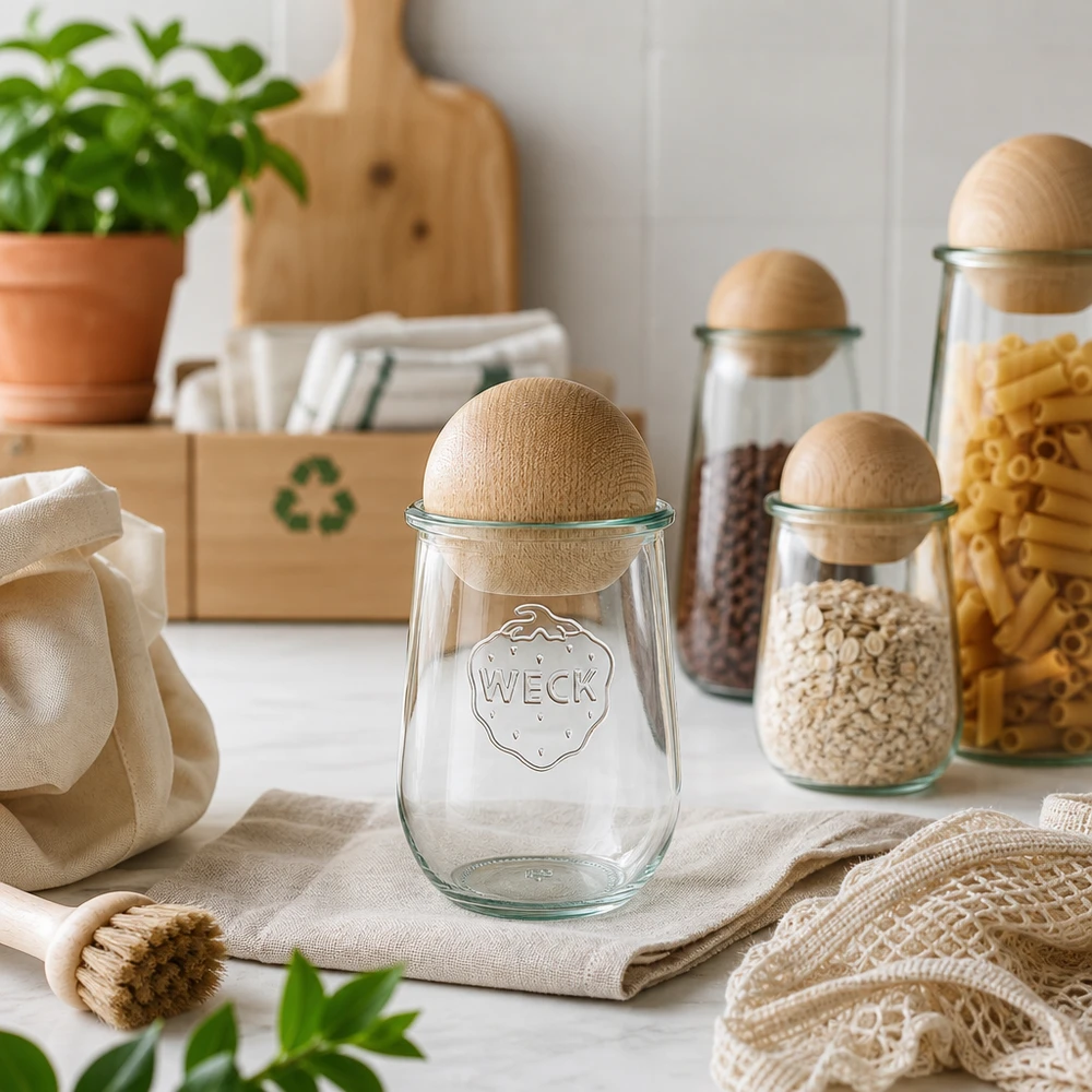 WECK tulp pot 1062ml RR100 met beuken bal in duurzame zero-waste keuken met gerecycled symbool en natuurlijke materialen