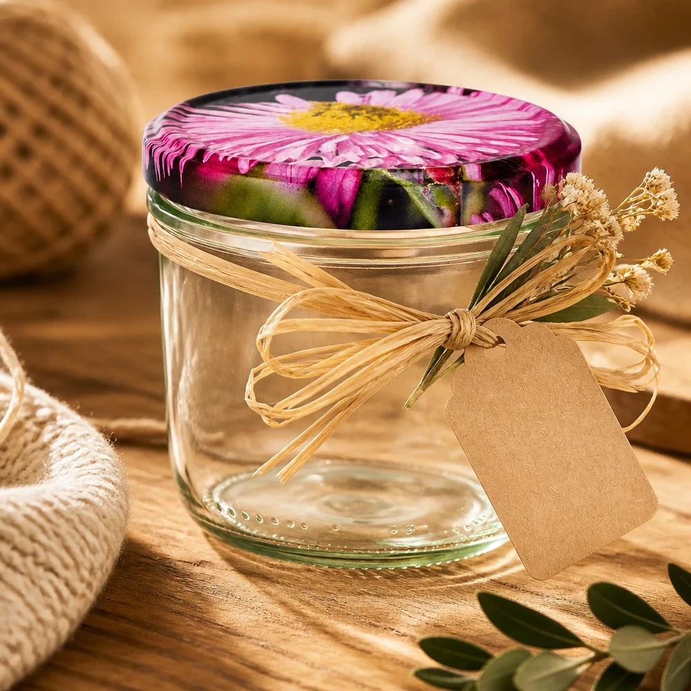 230ml bekers met BasicSeal deksel Bloemen decor UNiTWIST Geschenkverpakking drinkbeker 230ml met BasicSeal bloemendeksel, raffia strik en hanger op een houten basis