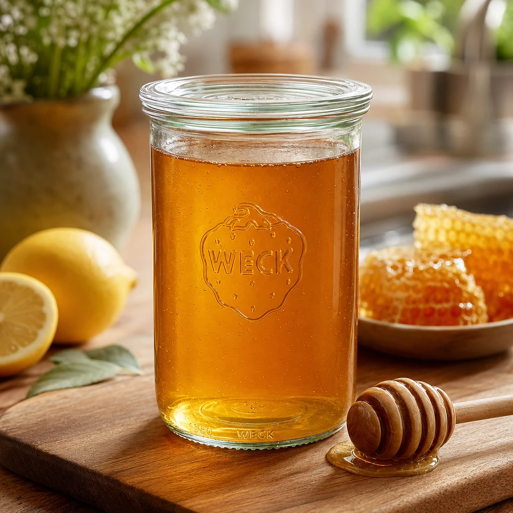 WECK bekers 1000ml RR100 gevuld met honing naast honingraat en honinglepel op houten plank in warme keuken
