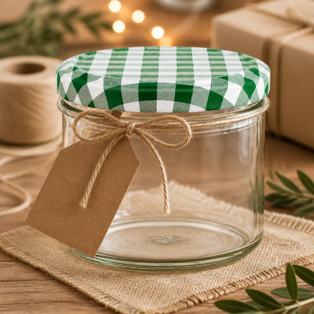 225ml bekers met BasicSeal deksel groen/wit UNiTWIST Trommels van 225 ml met groen en wit geruit deksel en kraftpapieren label voor een decoratief cadeau-idee