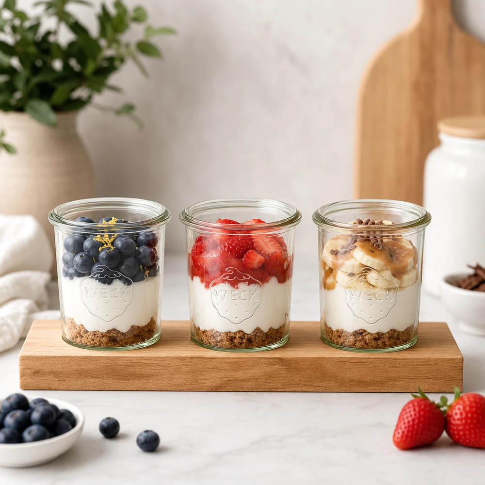 Plano3 serveerplank met Weck potten als yoghurt parfait met bessen, granola en noten in een lichtgekleurde keuken