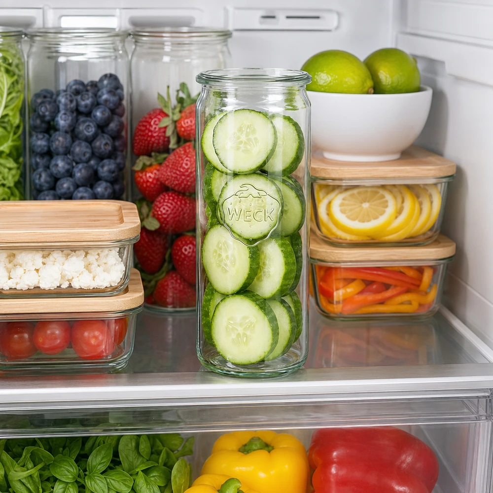 WECK cilinderpot RR60 600ml in de koelkast gevuld met gesneden komkommer naast vers fruit en groenten