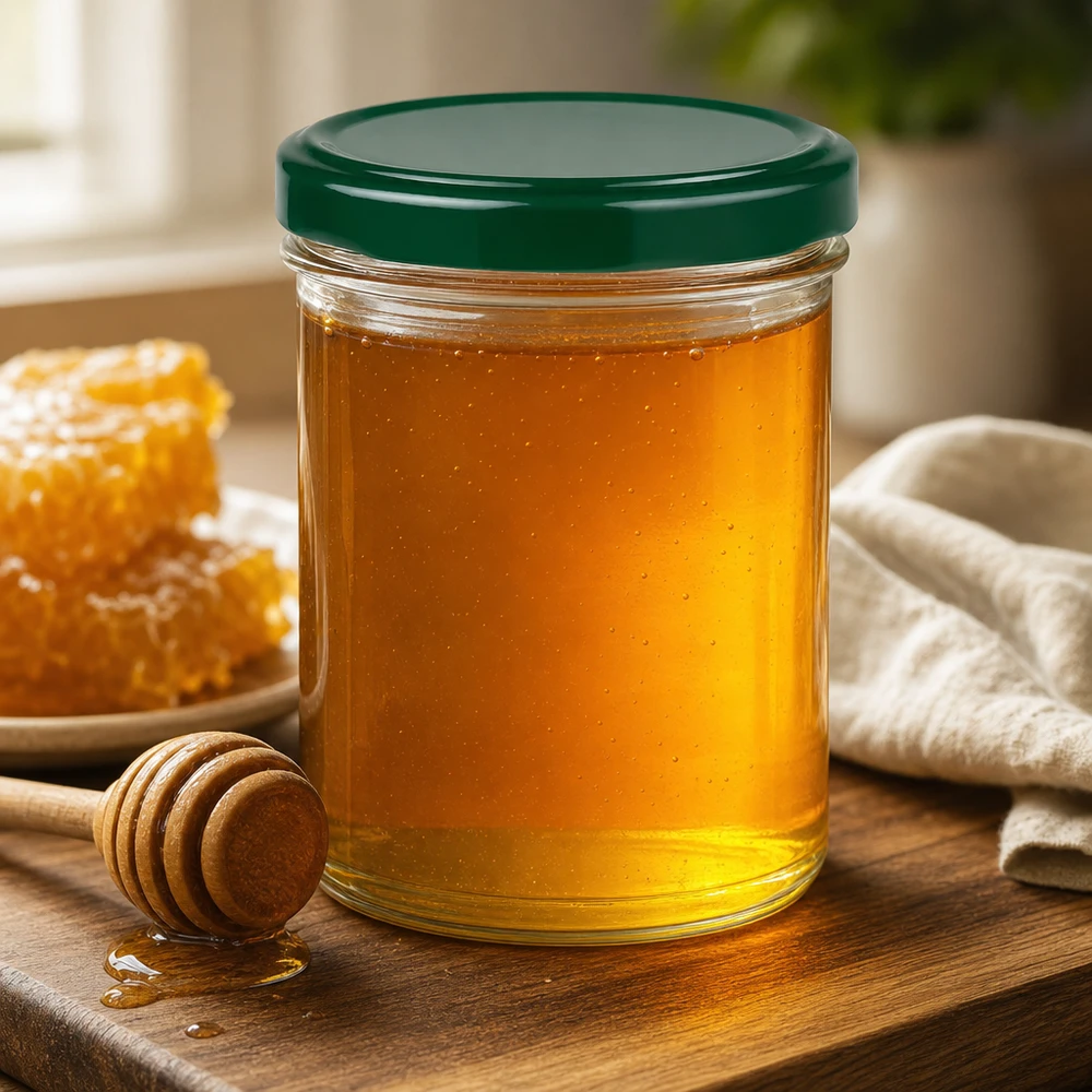 350ml bekers met BasicSeal deksel groen UNiTWIST 350ml UNiTWIST groene pot gevuld met honing naast honinglepel en honingraat toont gebruik voor natuurlijke zoetstoffen