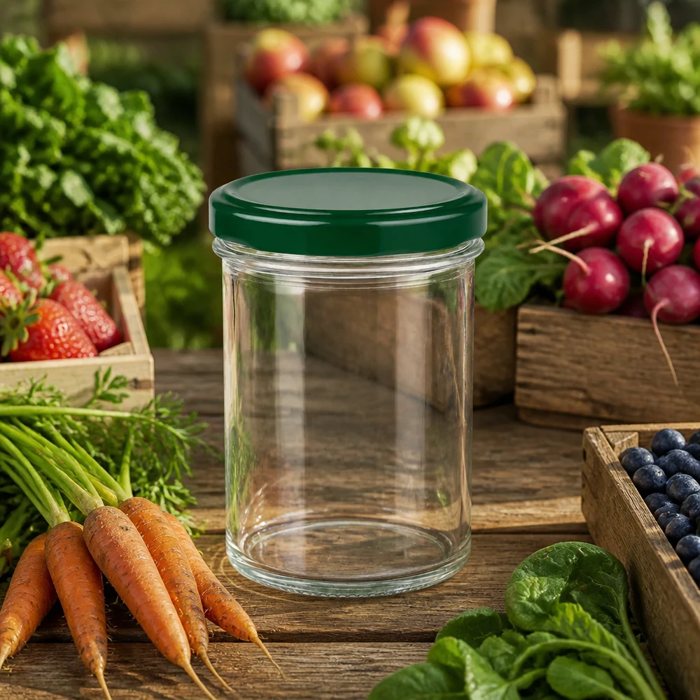 350ml bekers met BasicSeal deksel groen UNiTWIST 350ml UNiTWIST glazen pot leeg met groen deksel tussen verse groenten, fruit en kruiden op een houten tafel