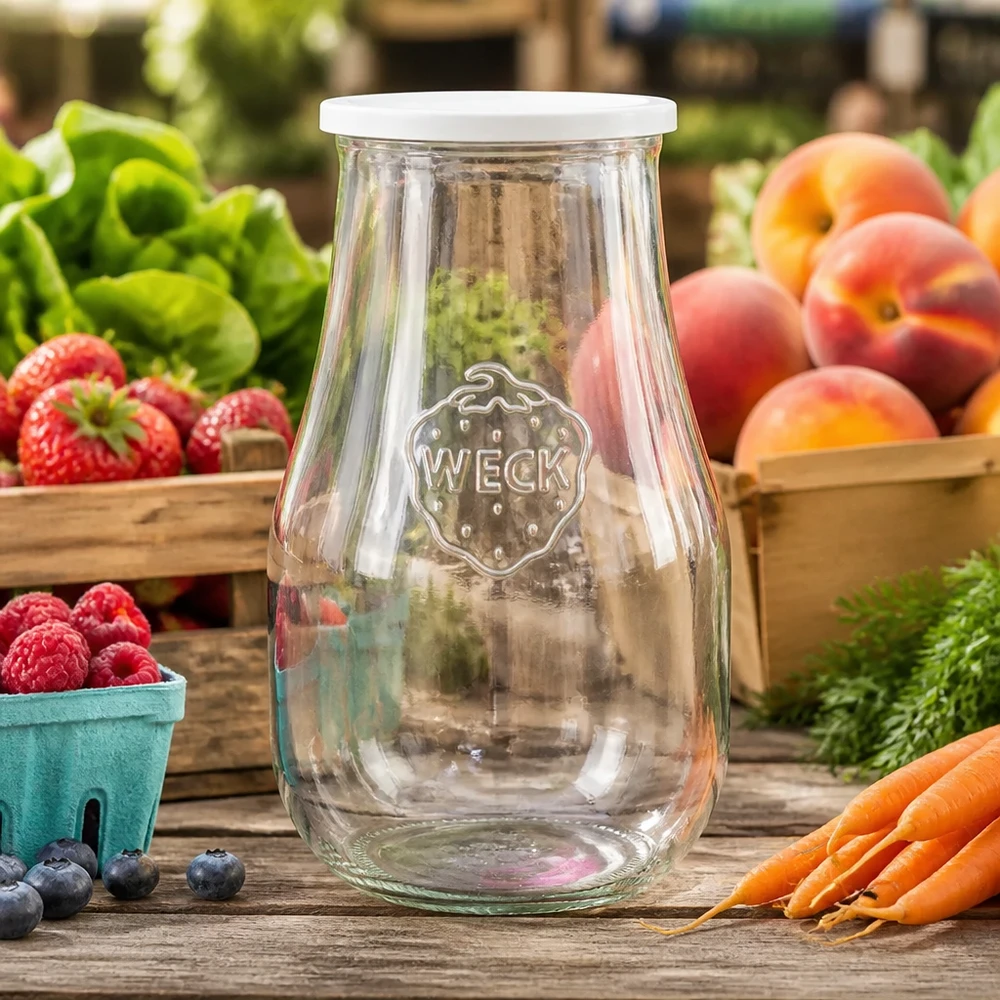 WECK Tulpenglas 2700ml RR100 mit Frischedeckel auf Holztisch umgeben von frischem Obst Gemüse und Beeren für Vorratshalt