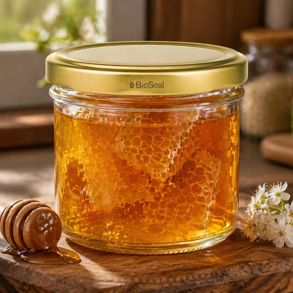 UNiTWIST 125ml honingpot gevuld met honingraat - gouden TO66 deksel op houten basis met bloemdecoratie en honinglepel