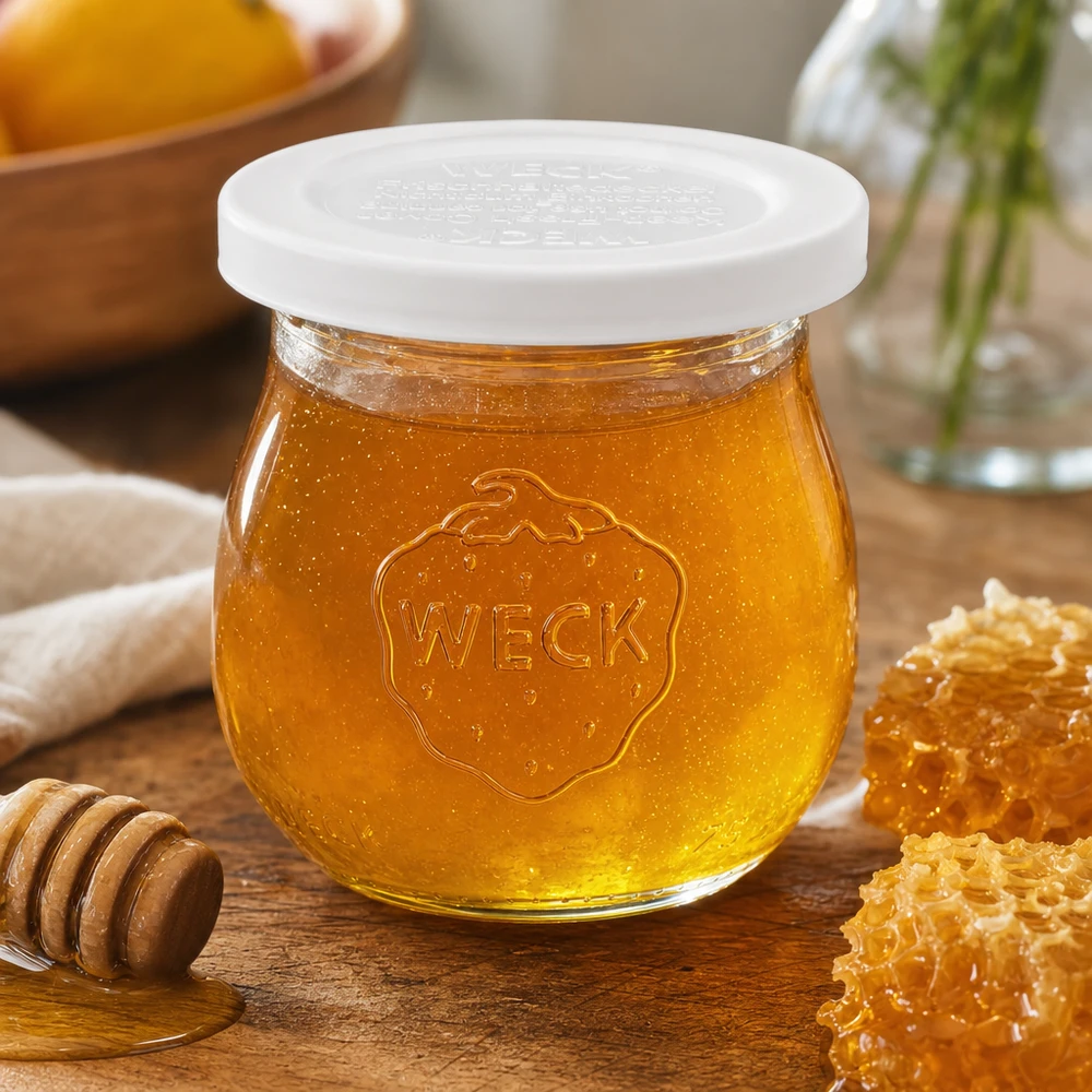 75ml tulpenglas met vershouddeksel WECK RR40 WECK Tulpenglas 75ml mit Honig befüllt neben Waben und Honiglöffel zeigt vielseitige Verwendung des RR40 Einmachglases