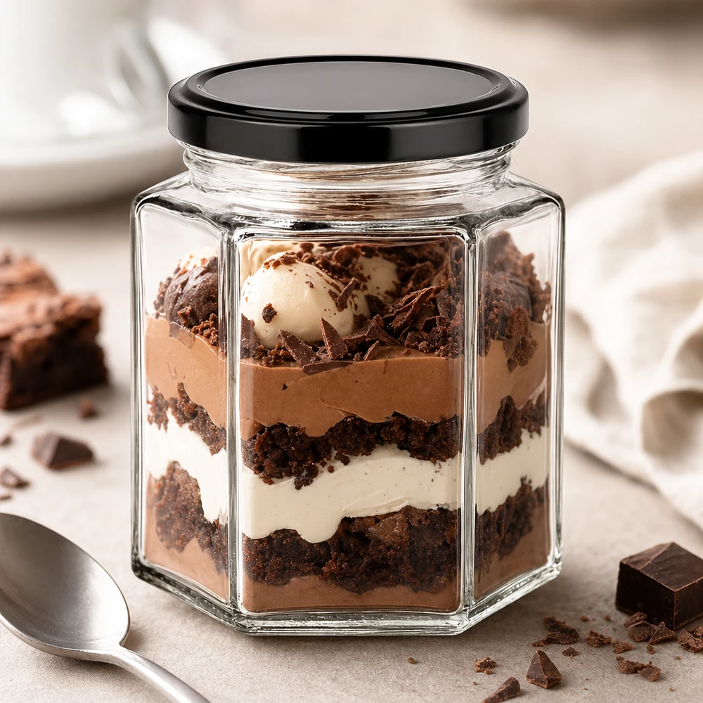 196ml hexaglas met BasicSeal deksel zwart UNiTWIST 196 ml hexaglas met zwart deksel als dessertglas voor gelaagde desserts met chocolade en room op de keukentafel