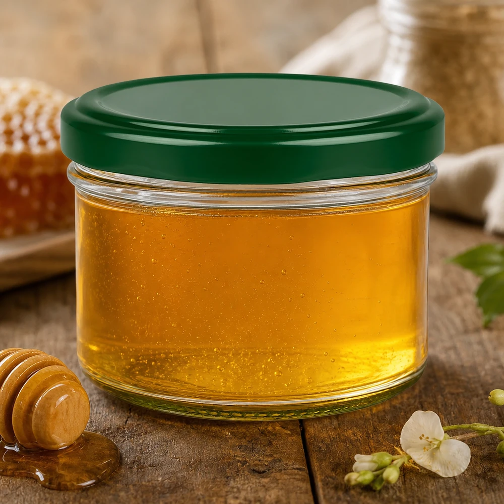 230ml cilinderpot met groen deksel gevuld met gouden honing op rustiek hout met bloemen
