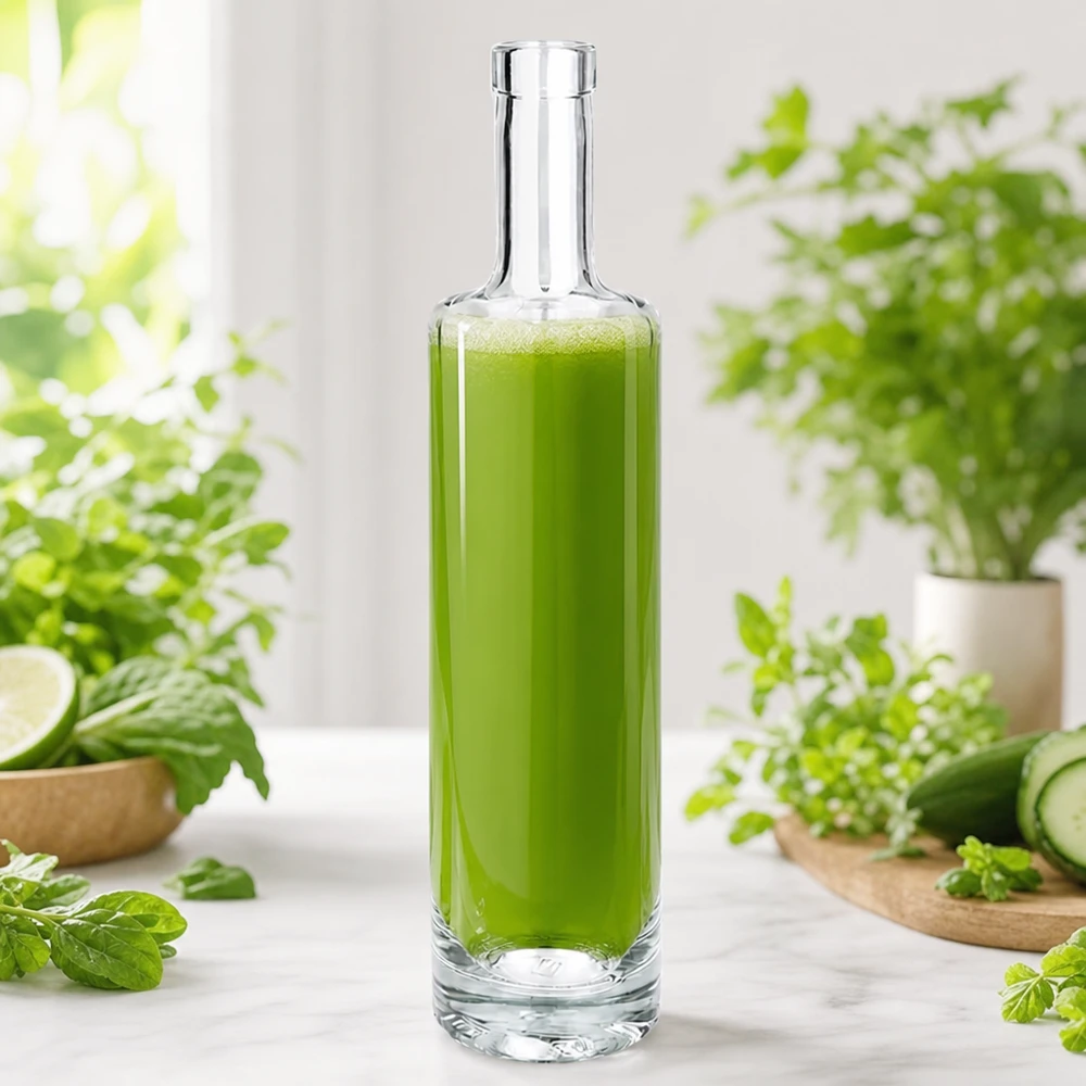 500 ml glazen fles Lina zonder sluiting UNiTWIST® 500ml glazen fles van Lina gevuld met groene smoothie tussen verse kruiden en groenten in een natuurlijke keukenscène