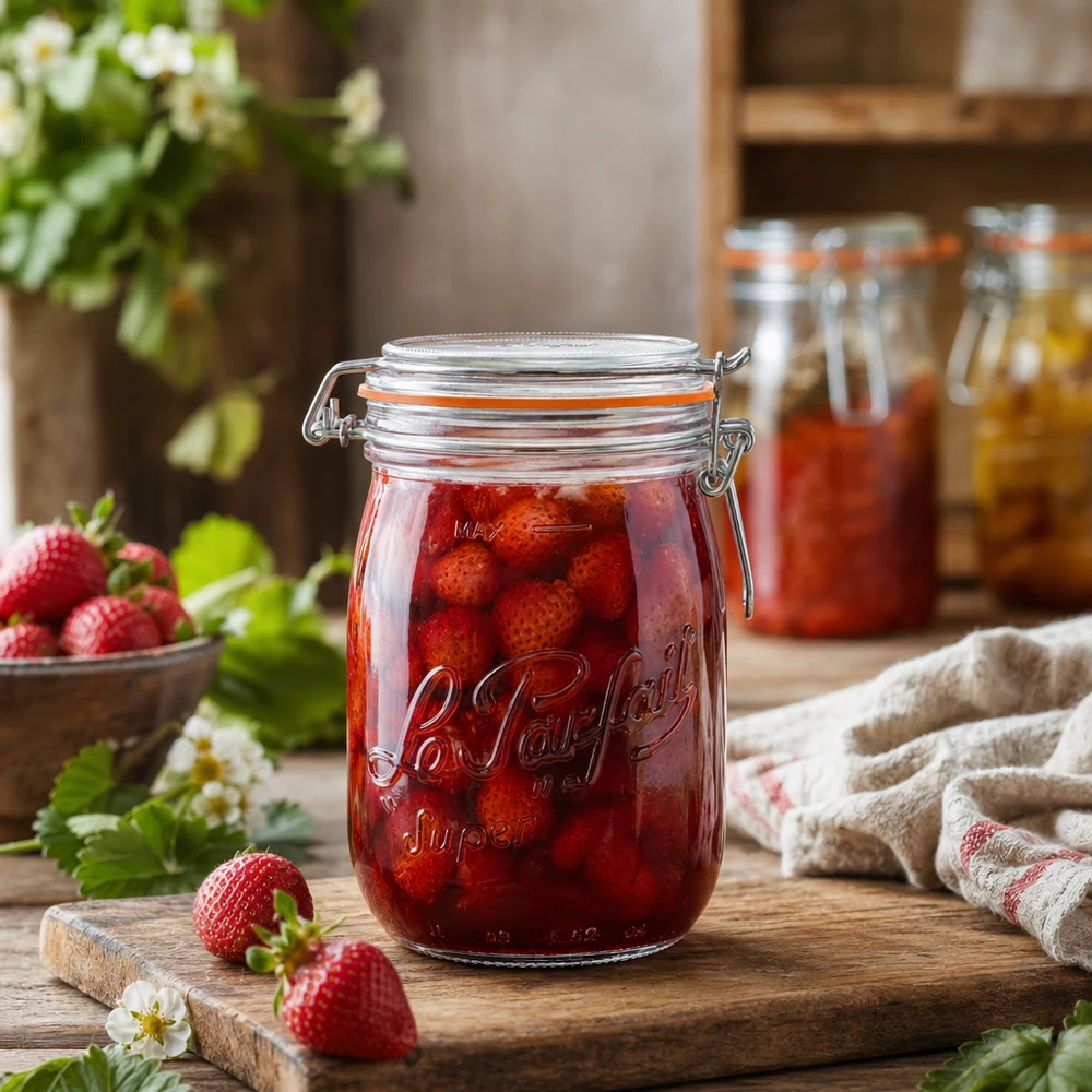 Le Parfait® pot 1 L Ø85 mm voorraad 1000ml Le Parfait super voorraadpot met draaidop gevuld met aardbeien op houten plank in rustieke keuken