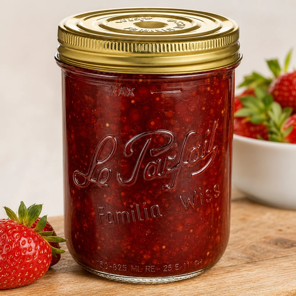 Le Parfait® Familia Wiss 1 kg Ø100 mm pot Familia Wiss 1020ml mason jar met schroefdeksel gevuld met aardbeienjam naast verse aardbeien