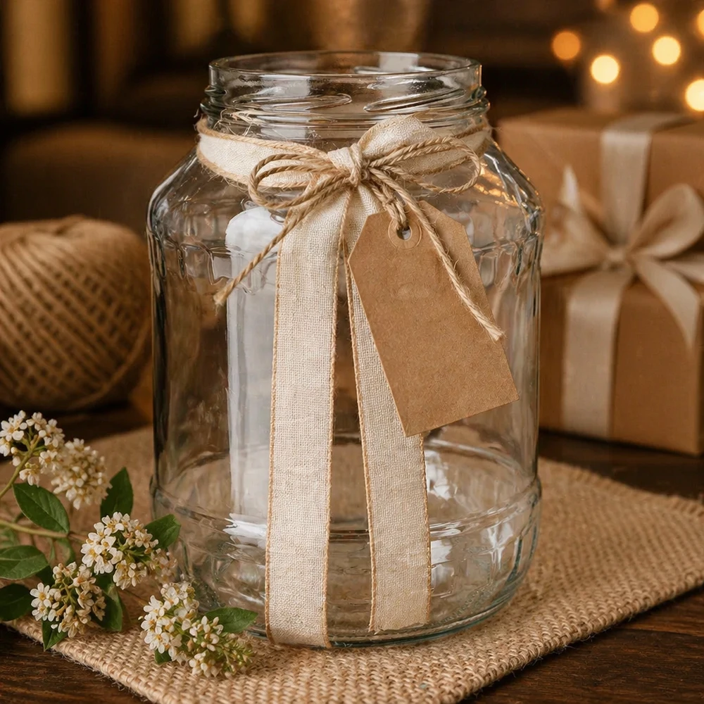 2650ml rond glas zonder deksel (TO100) UNiTWIST UNiTWIST Runda2650 bekers 2650ml als decoratie met linnen lint en cadeaulabel rustieke tafeldecoratie TO100