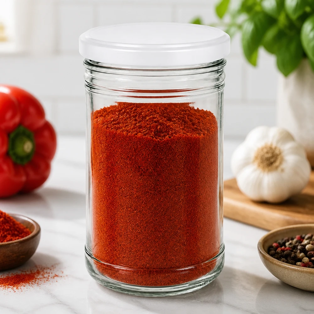 1053ml beker met BasicSeal deksel zilver UNiTWIST 1053ml Sturzglas gefüllt mit Paprikapulver zeigt praktische Küchenaufbewahrung mit BasicSeal Deckel für Gewürze