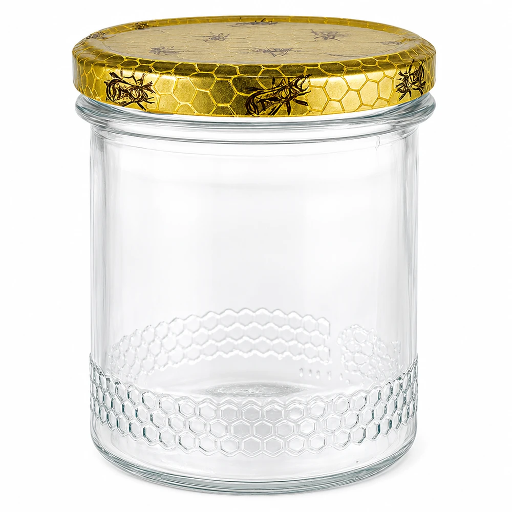 Honingpot 560 g met honingraatmotief-deksel BasicSeal UNiTWIST 400ml honingpot met gouden honingraatdeksel, lege pot met honingraatpatroon voor honing en bijenteelt