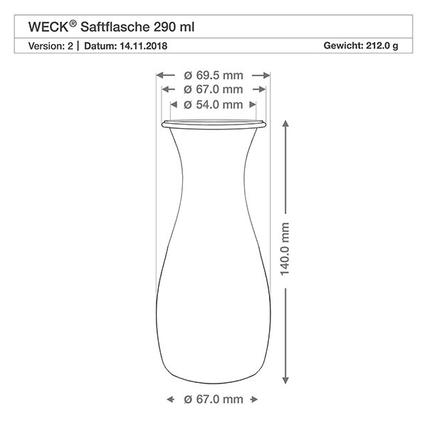 290ml sapflessen WECK RR60 met kurk Technische tekening WECK 290ml sapfles met afmetingen Diameter 69,5mm Hoogte 140mm Gewicht 212g RR60