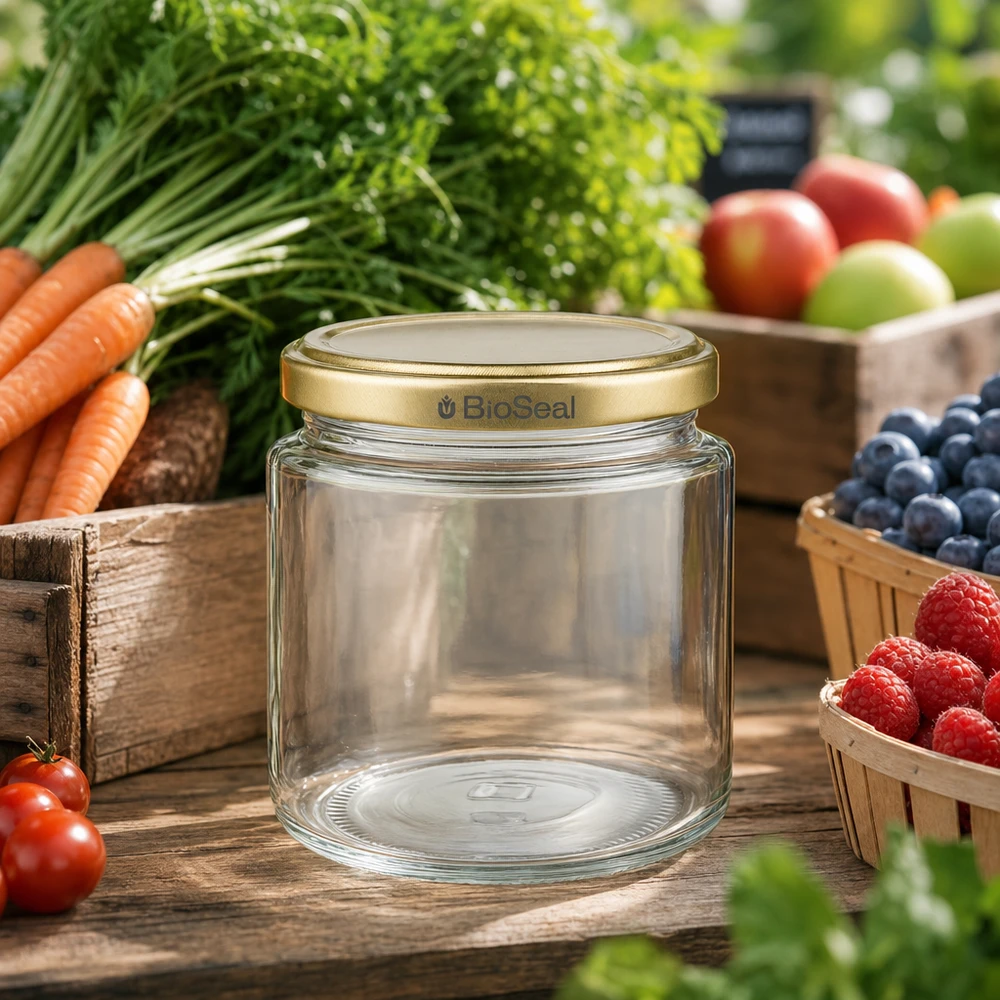 Honingpot 350 g met gouden BioSeal UNiTWIST-deksel BioSeal 250ml honingpot leeg met gouden UNiTWIST deksel omringd door vers fruit en groenten uit de tuin