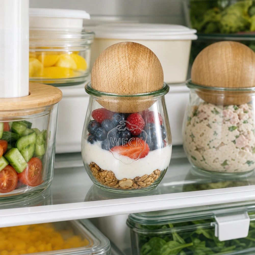 220ml tulpenglas WECK RR60 met houten bal WECK tulp pot 220ml in de koelkast met yoghurt-bessen mix, beukenhouten bol deksel Voedsel Opslag Organisatie