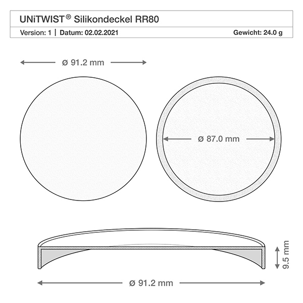 370ml tulpenglas WECK RR80 met siliconenhoes wit Technische tekening WECK siliconen deksel RR80 met afmetingen 91,2mm diameter 9,5mm hoogte voor tulp pot 370ml
